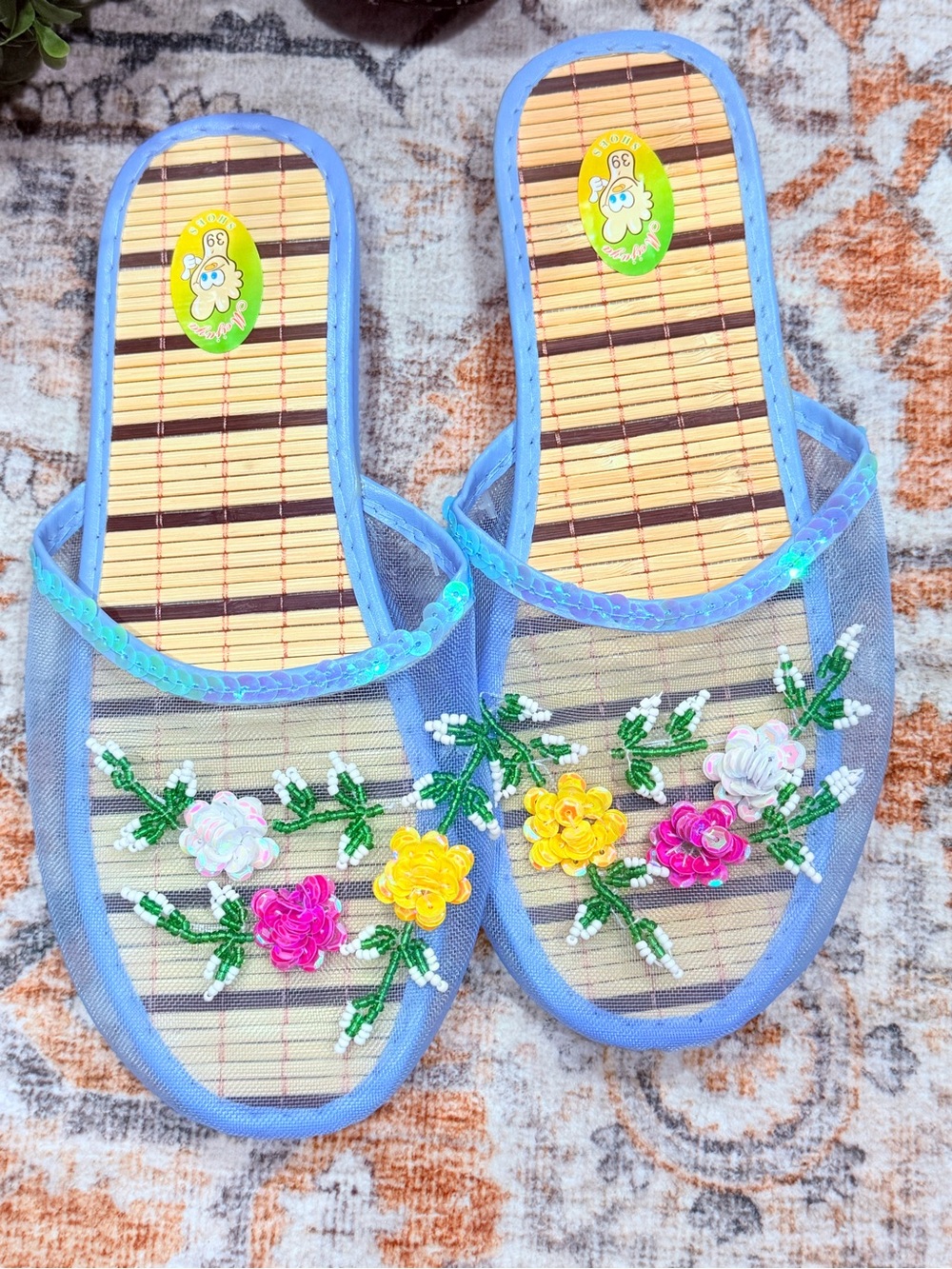 Women’s Light Blue Floral Embellished Slide Slippers
